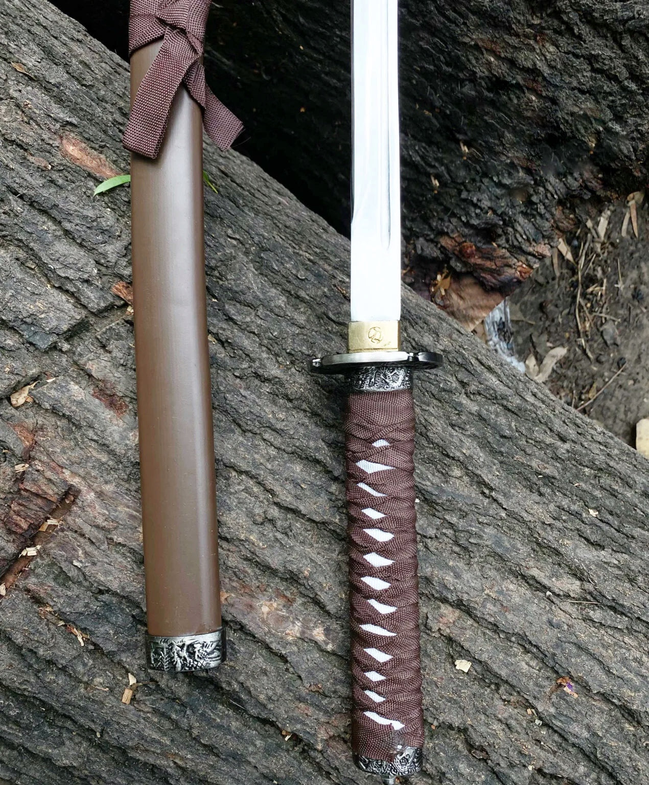 Brown saumrai katana sword with silver blade