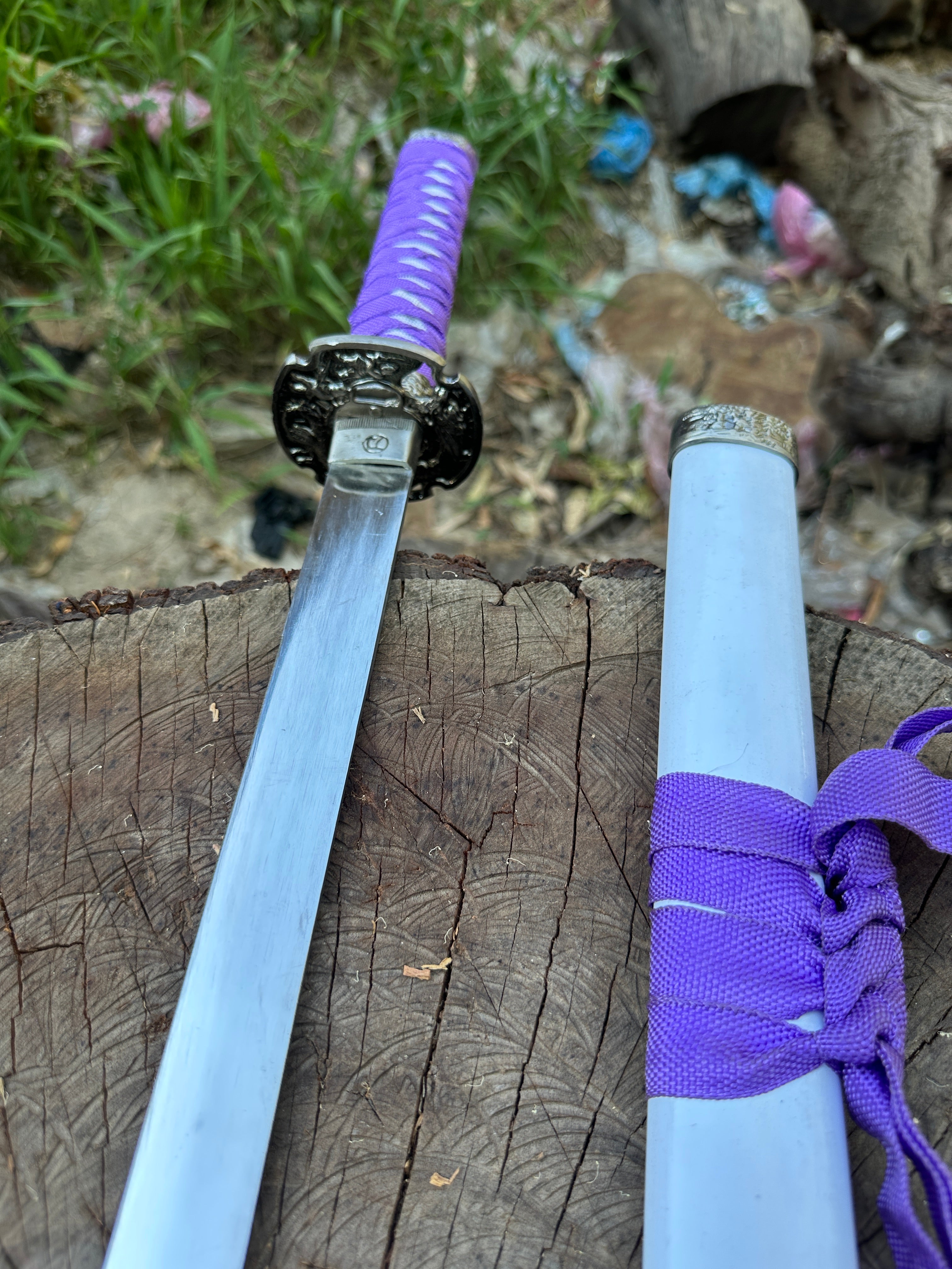 Handmade white and purple samurai katana sword