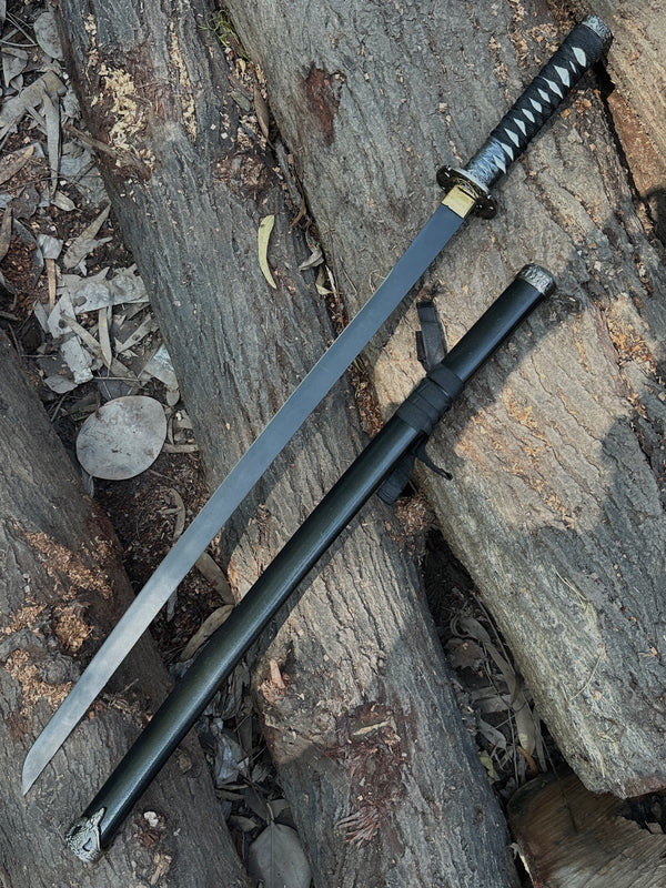 Black samurai katana sword with black powder coar blade