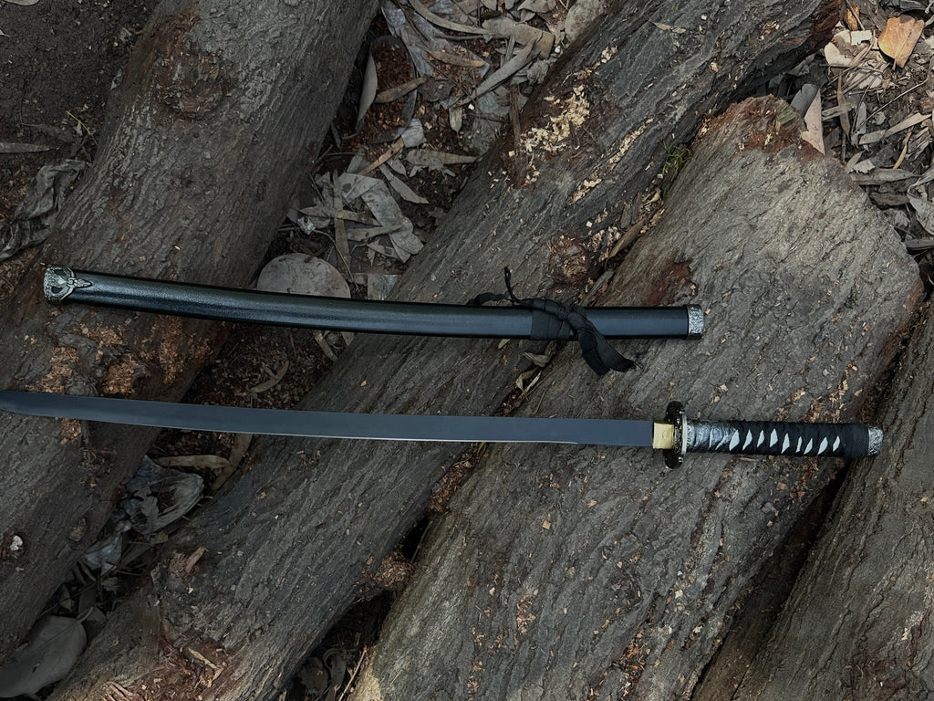 Black samurai katana sword with black powder coar blade
