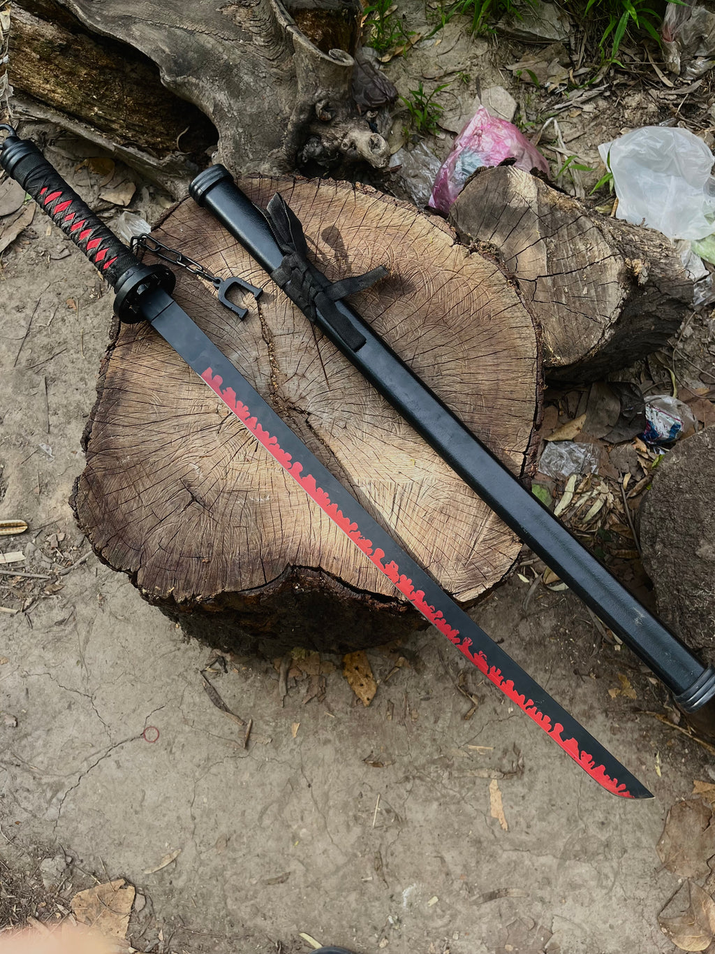 Premium Black Katana Sword with Red Flame Blade