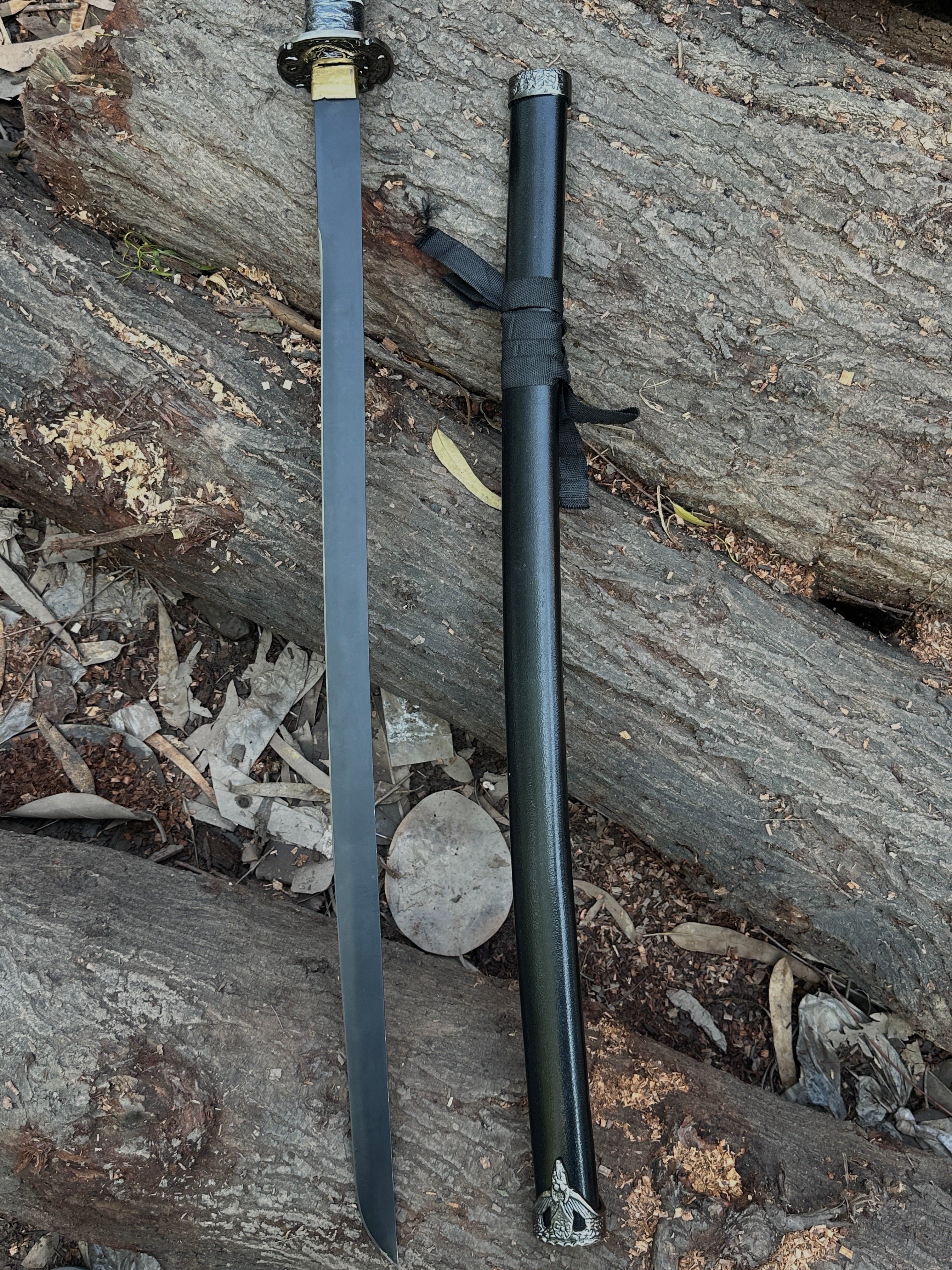 Black samurai katana sword with black powder coar blade