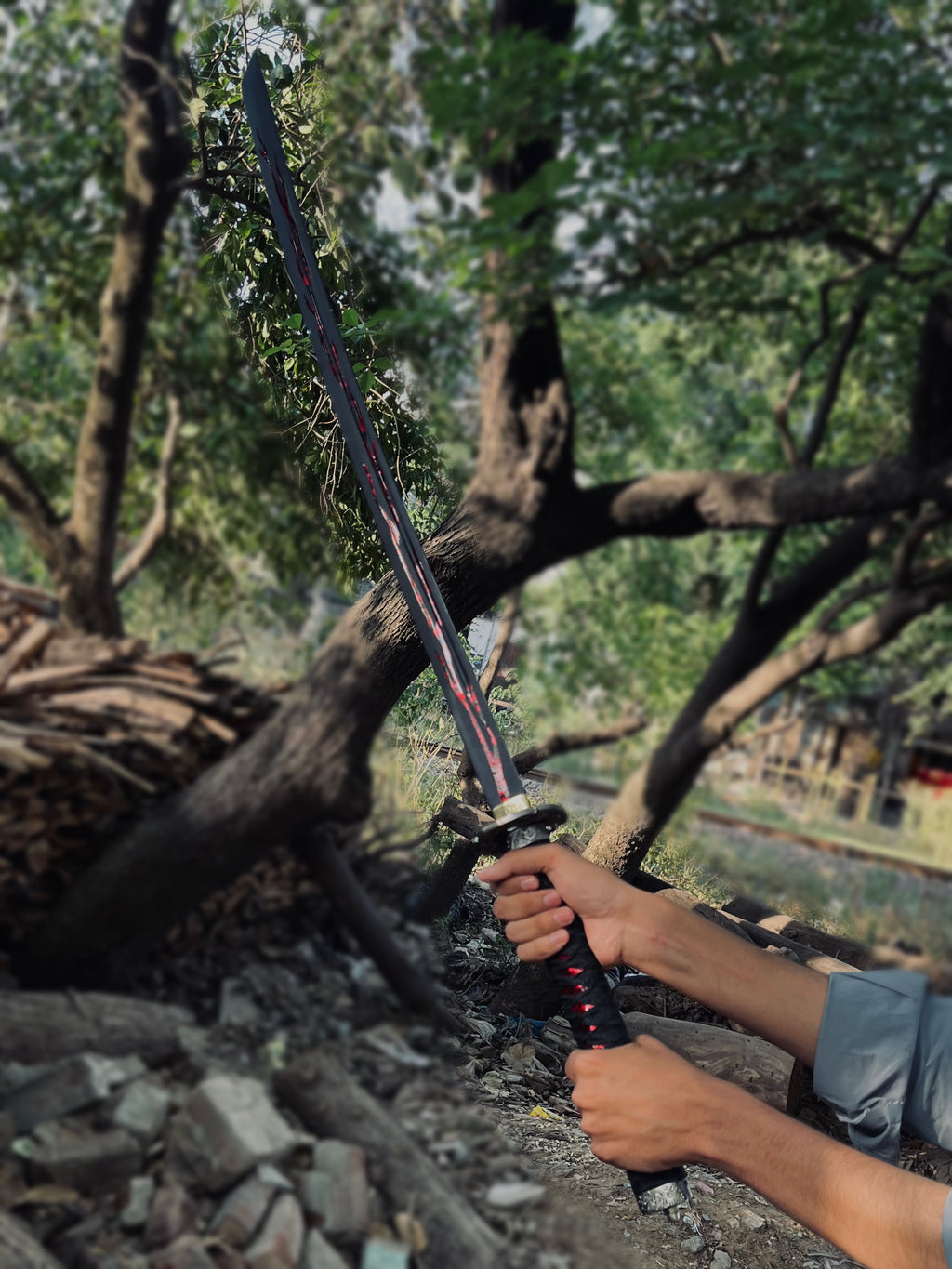 Handmade Black Katana Sword with Red Blood Groove