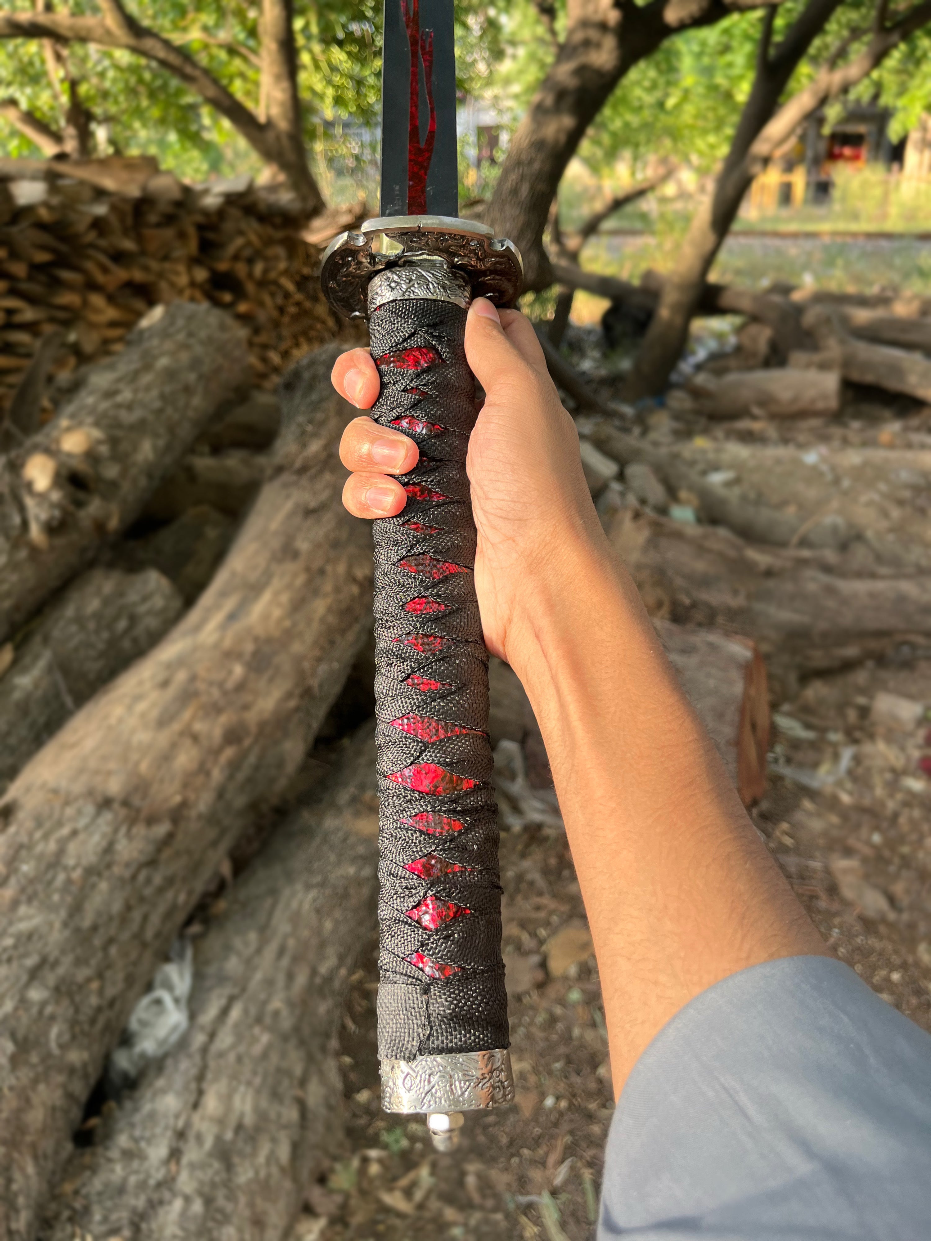 Handmade Black Katana Sword with Red Blood Groove