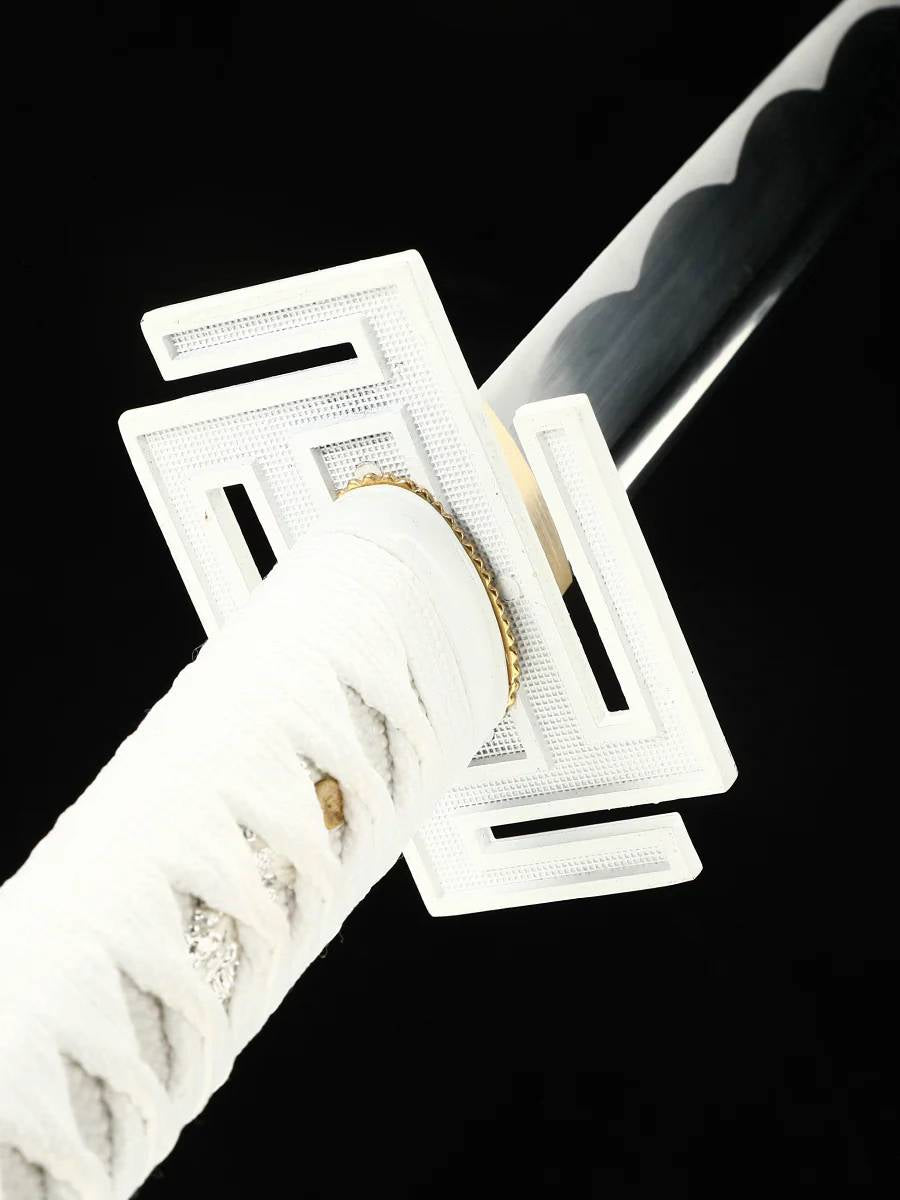 Premium white zengestu katana sword with curve on blade