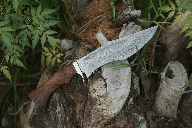 Handmade damacus steel hunting knife with wood &brass handle