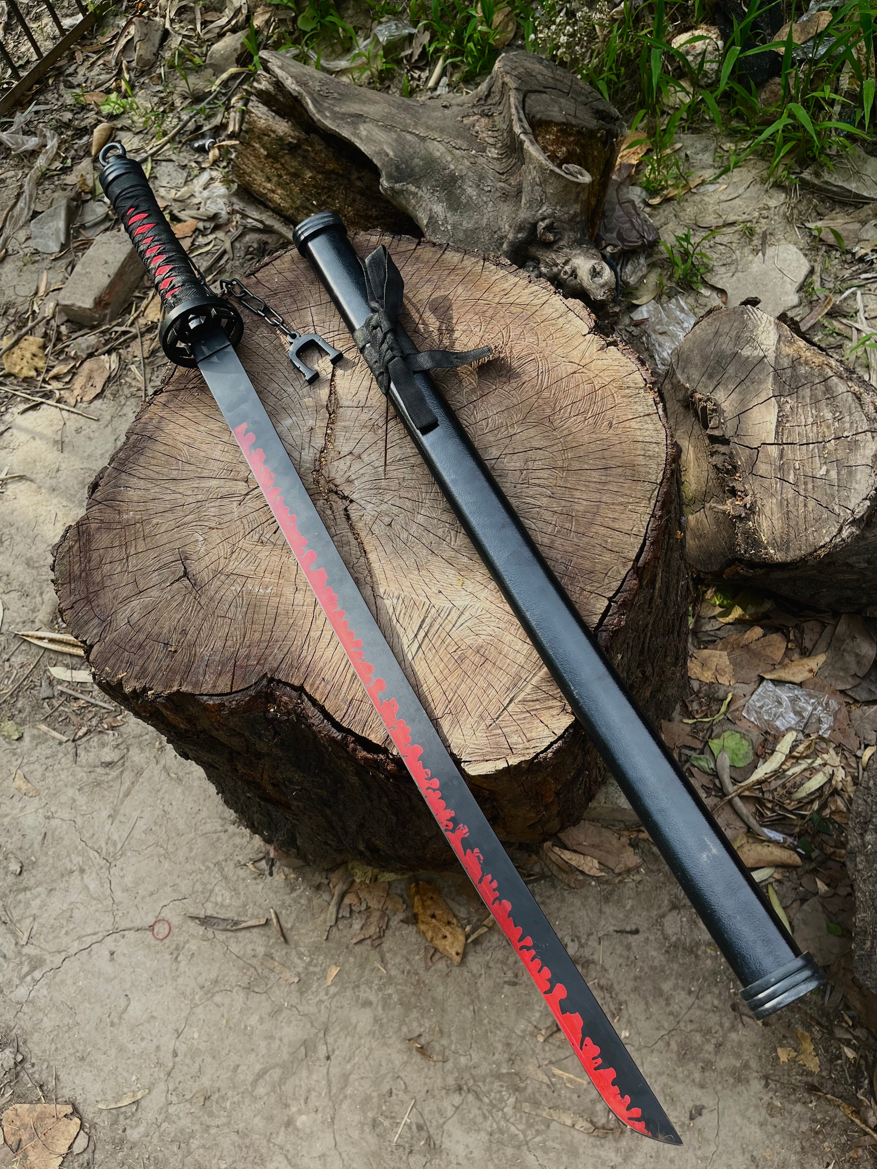 Anime beautiful black & red flame katana sword