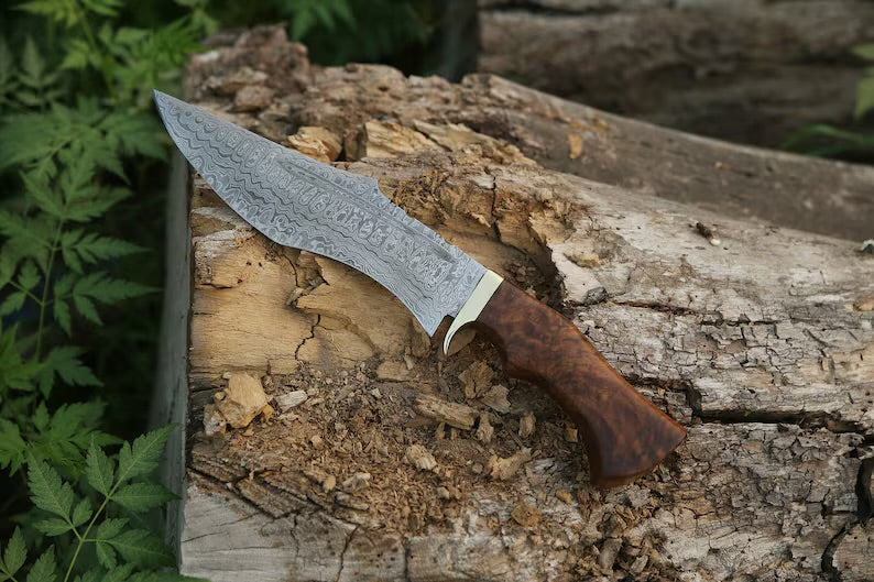 Handmade damacus steel hunting knife with wood &brass handle