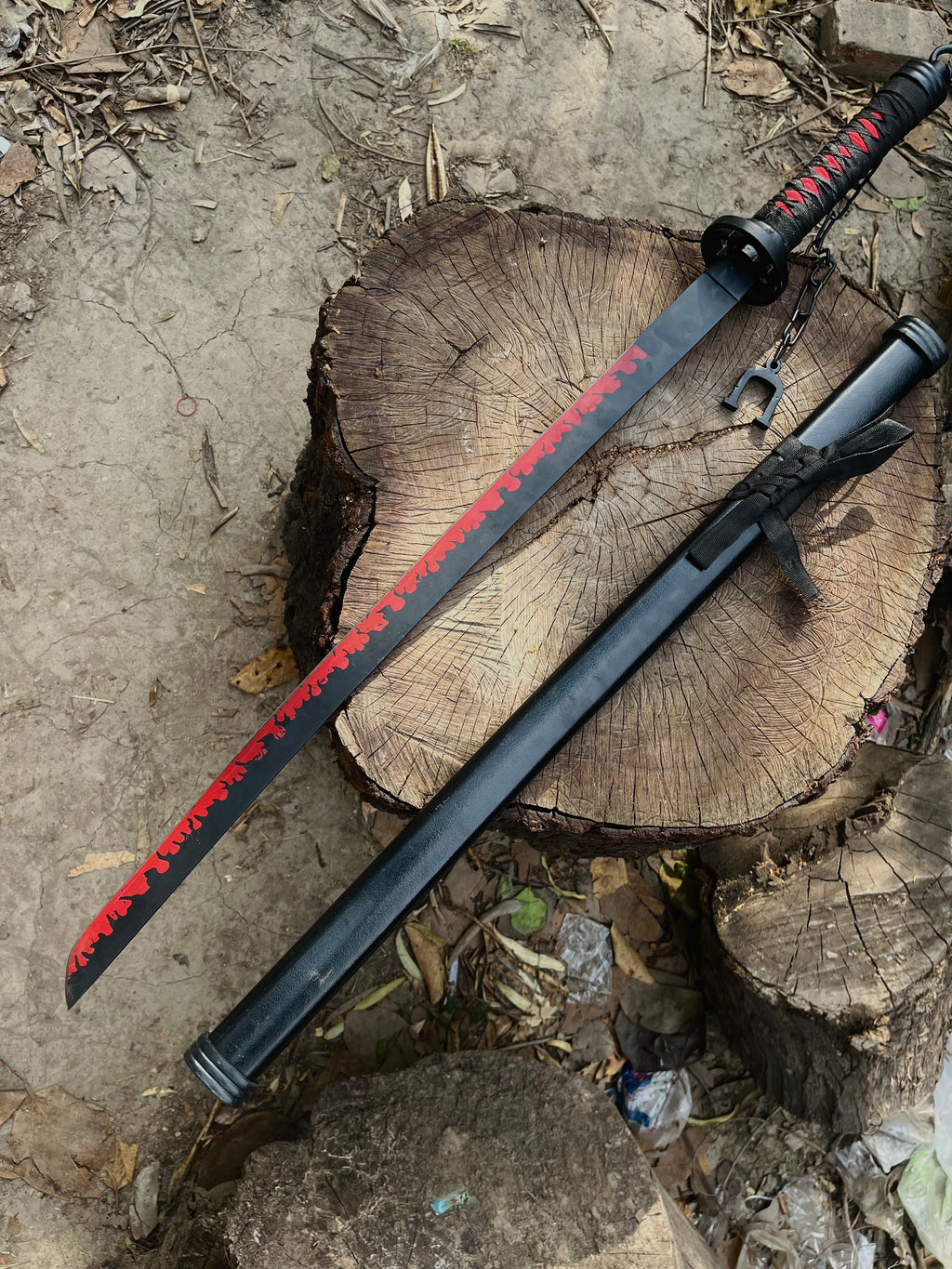 Premium Black Katana Sword with Red Flame Blade