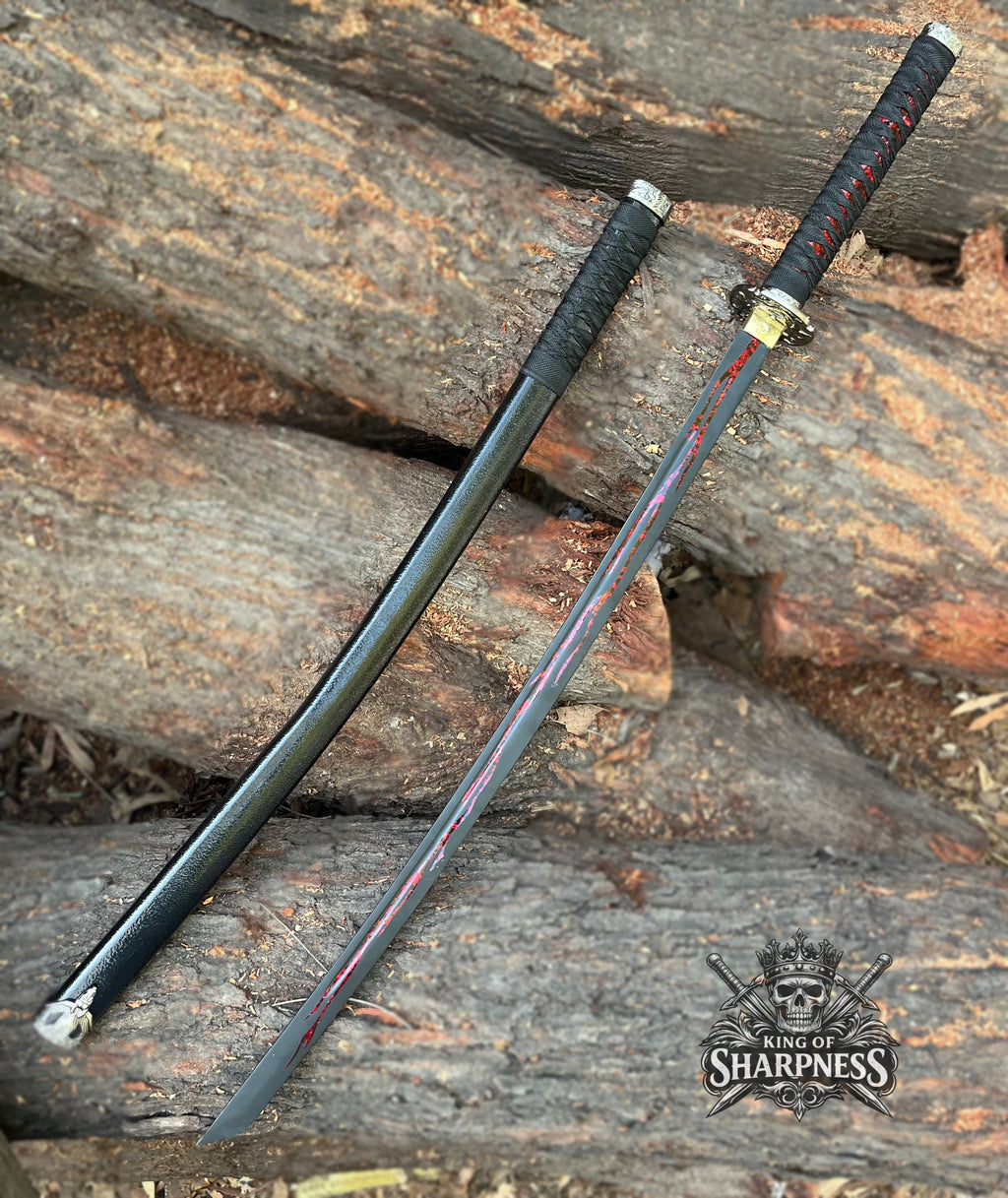 Handmade Black Katana Sword with Red Blood Groove