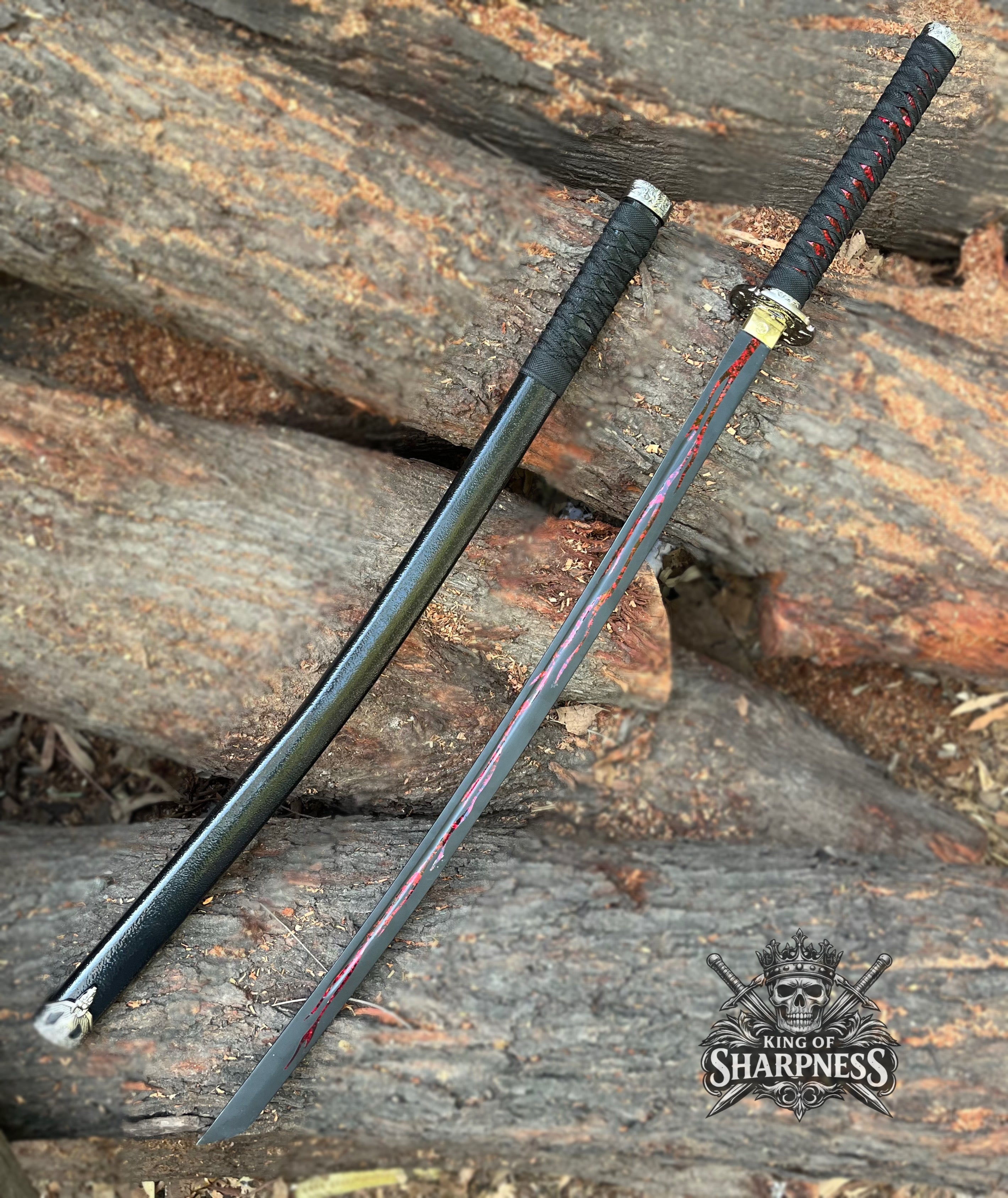 Handmade Black Katana Sword with Red Blood Groove