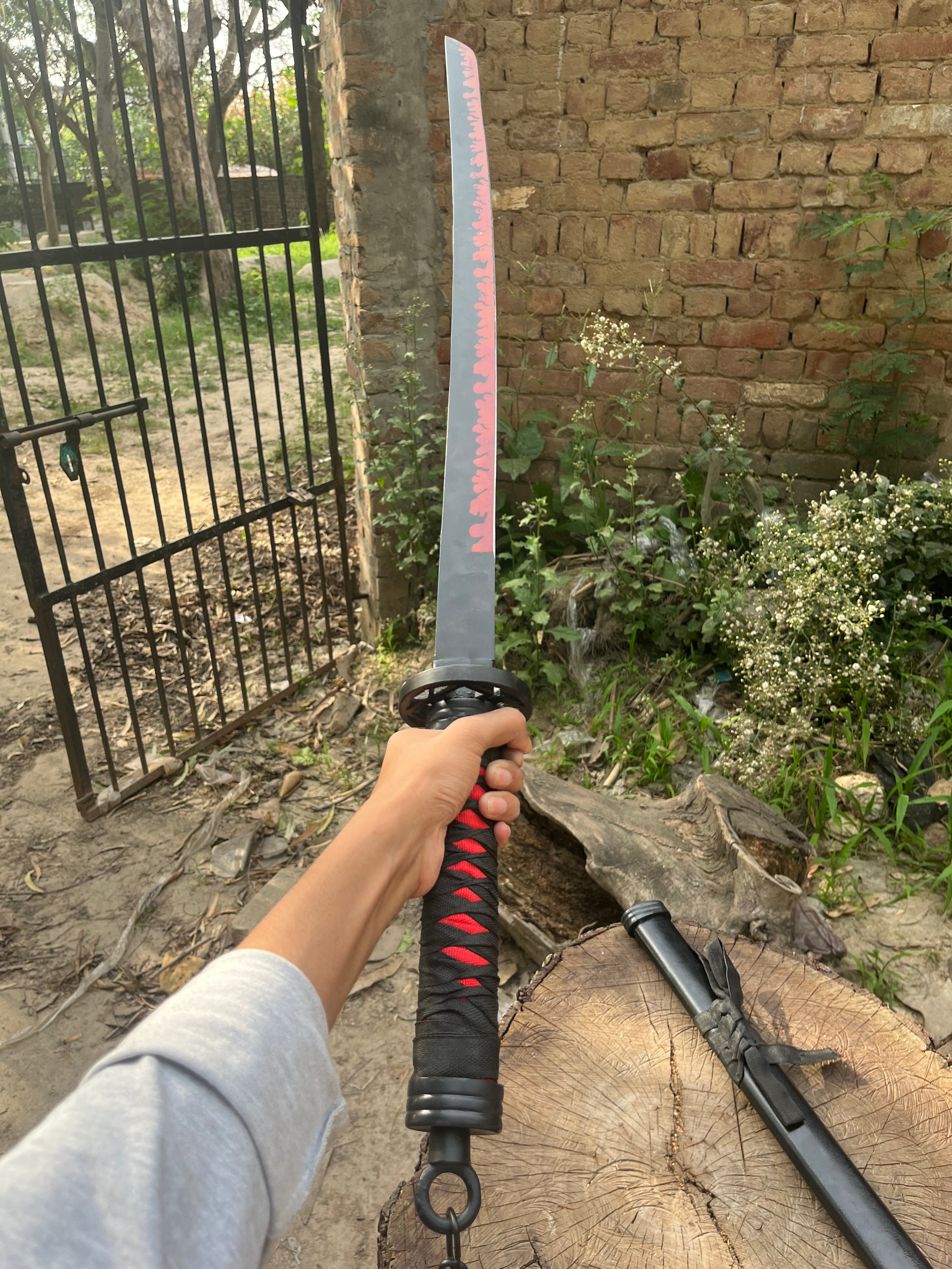 Anime beautiful black & red flame katana sword