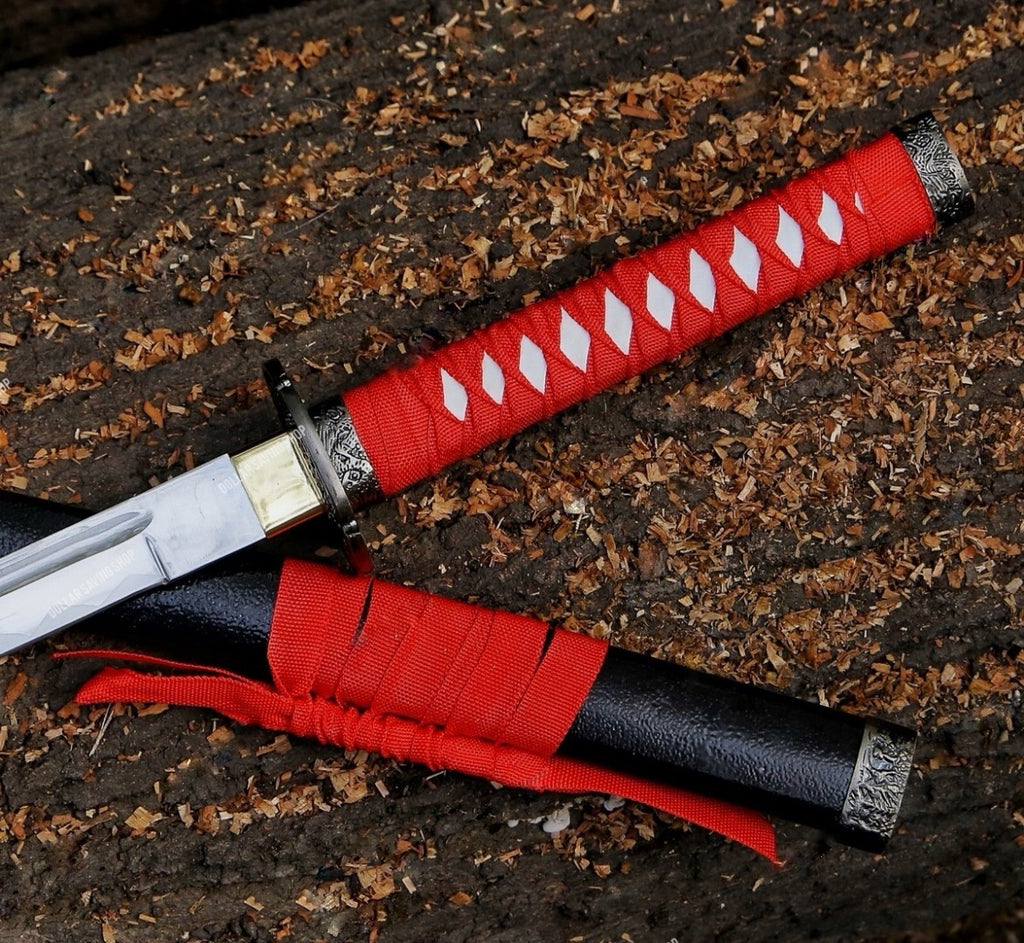 Red & black Samurai Katana Sword with curved on blade