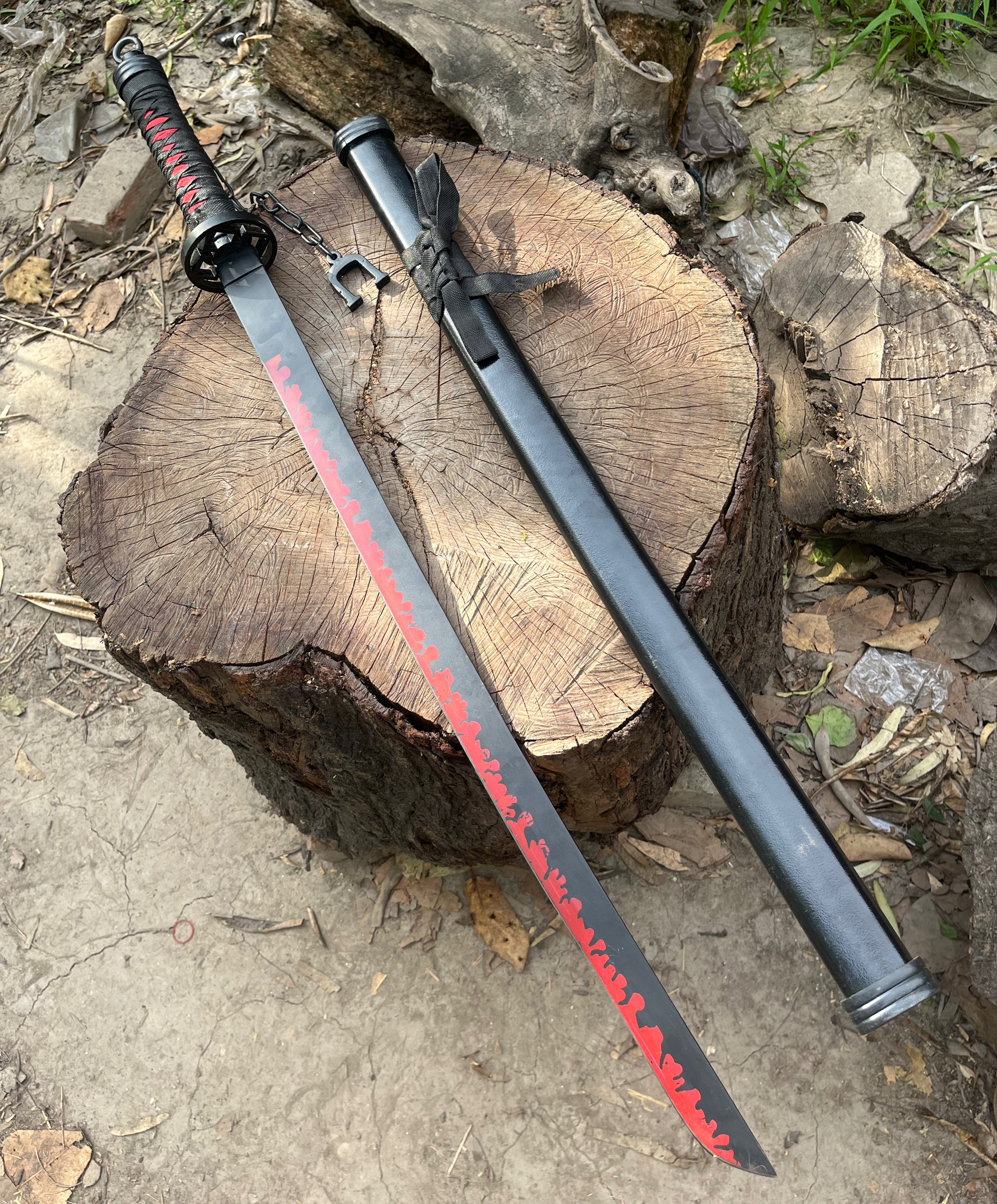 Anime beautiful black & red flame katana sword