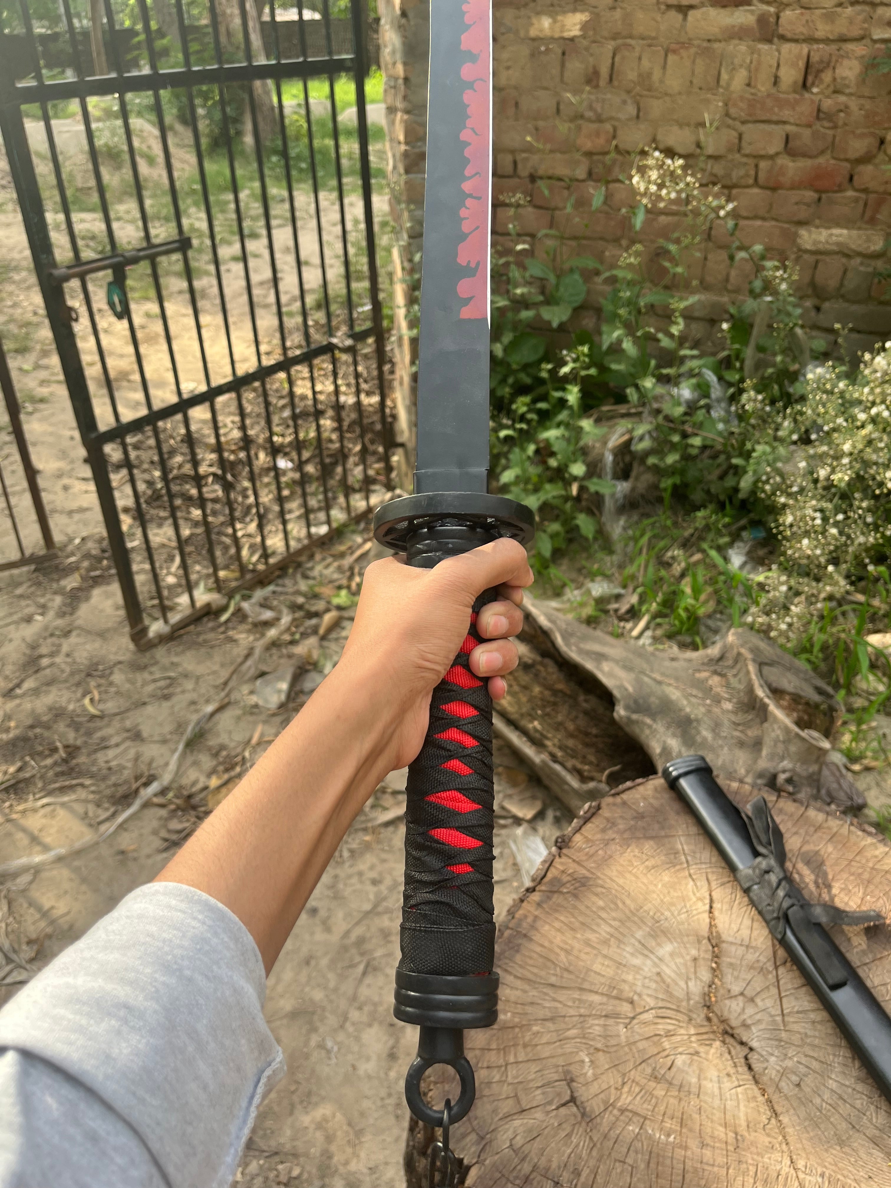 Premium Black Katana Sword with Red Flame Blade