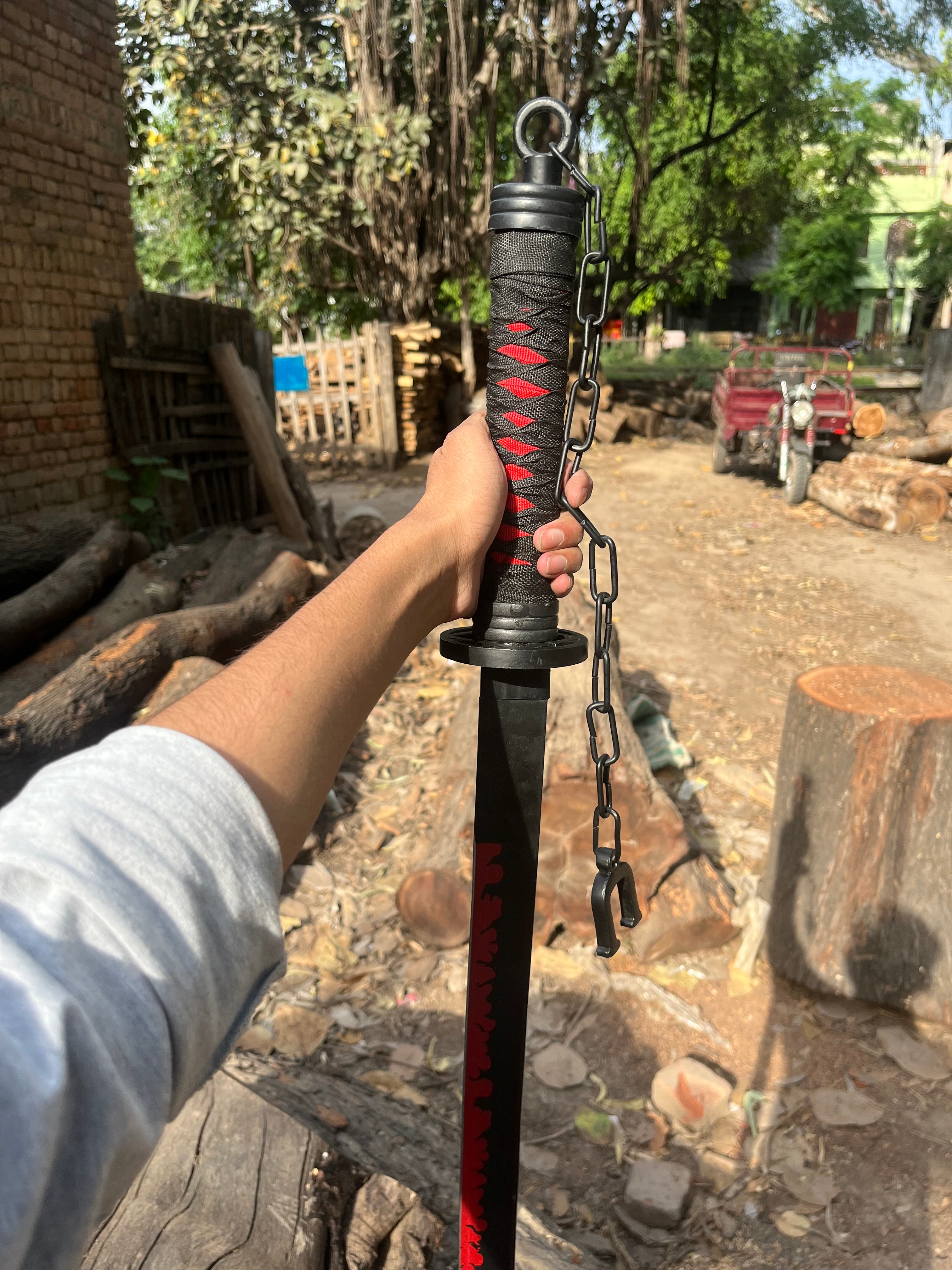 Premium Black Katana Sword with Red Flame Blade