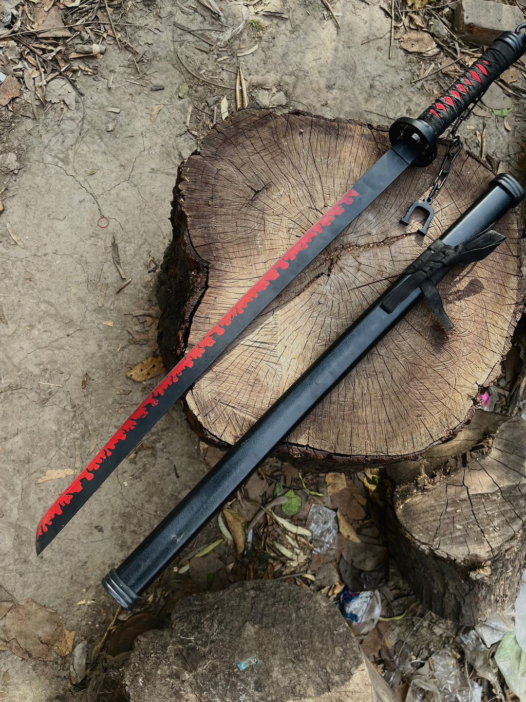 Anime beautiful black & red flame katana sword