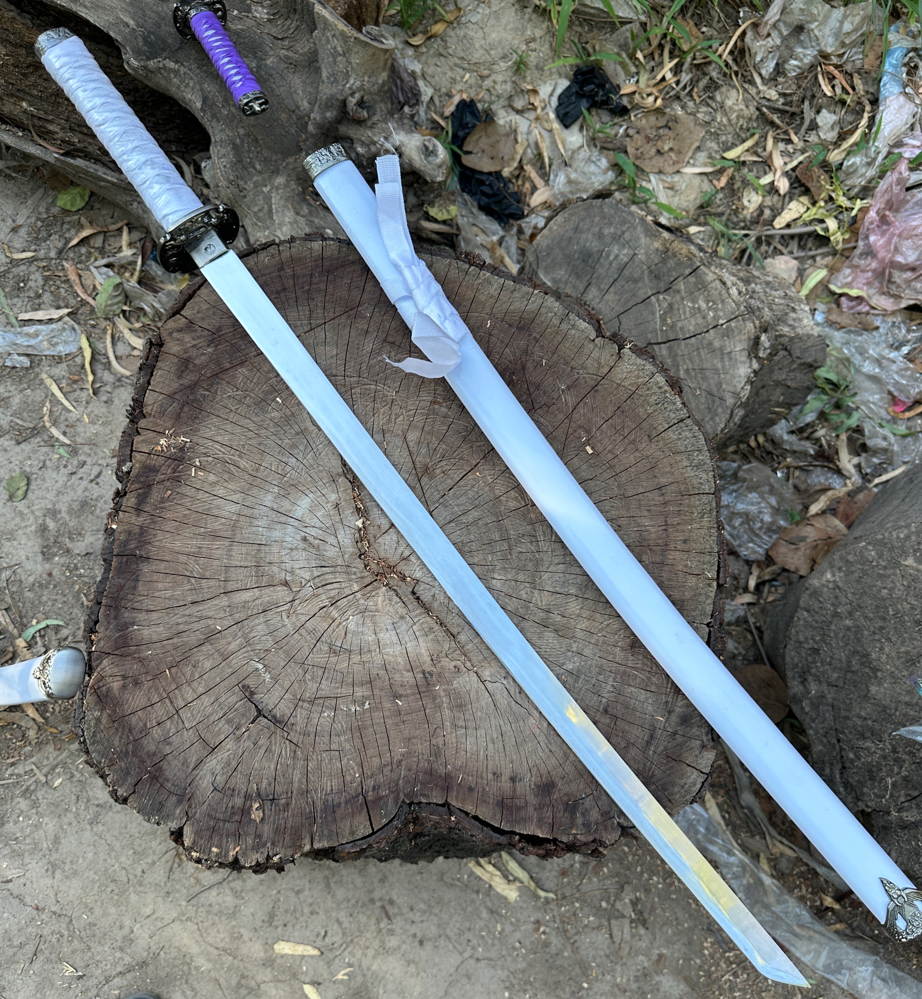 Handmade white samurai katana sword with silver blade