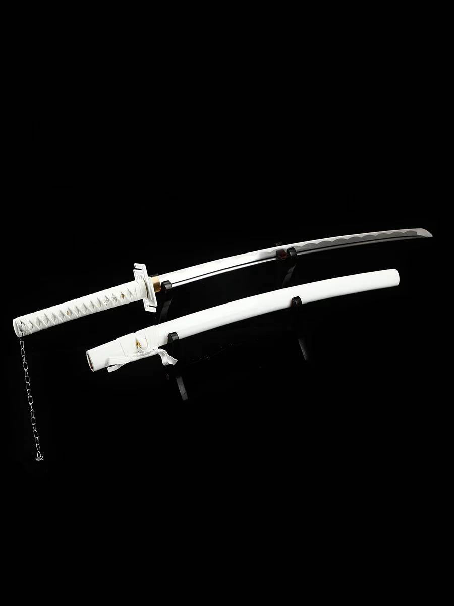 Premium white zengestu katana sword with curve on blade
