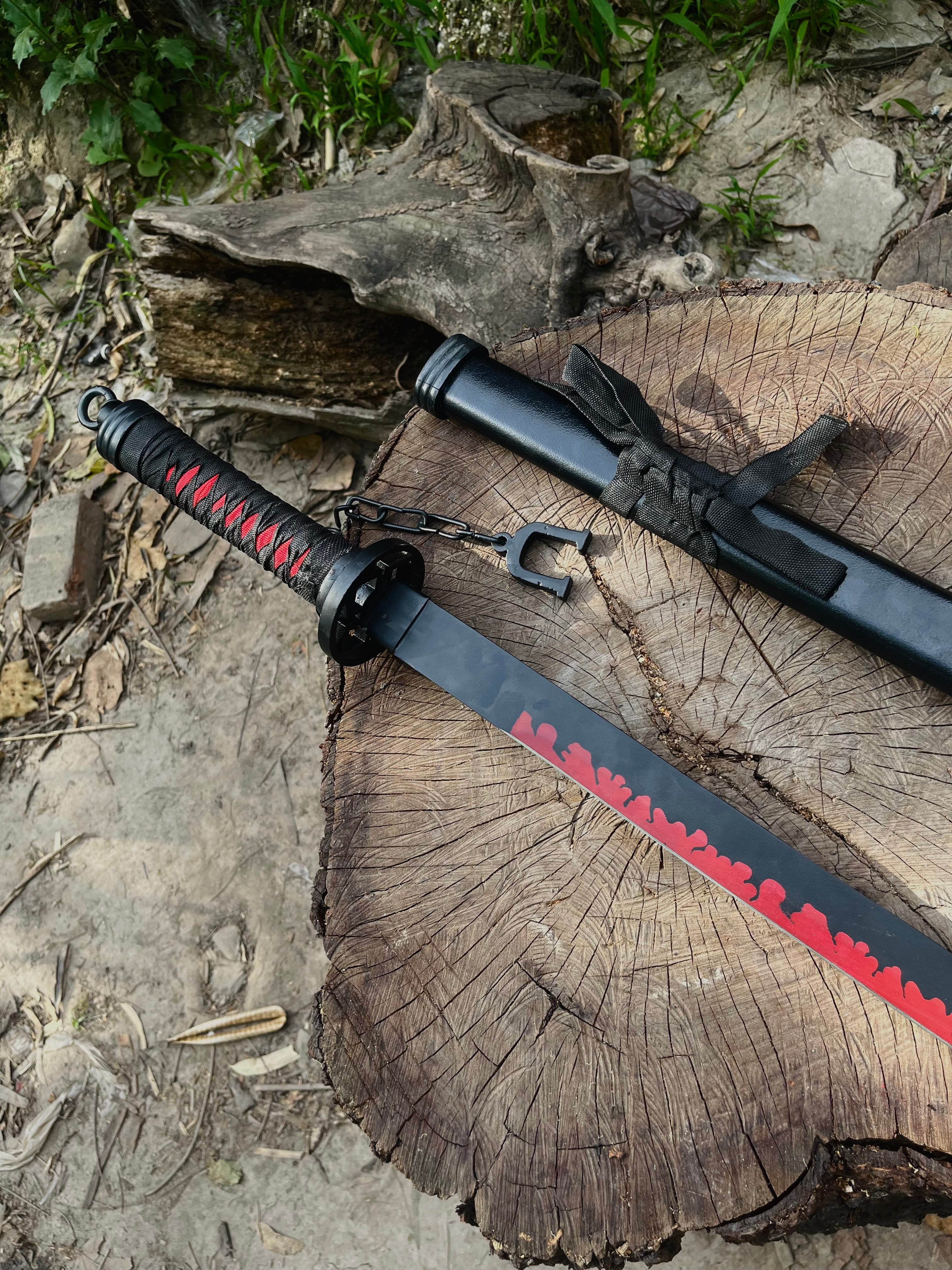 Anime beautiful black & red flame katana sword