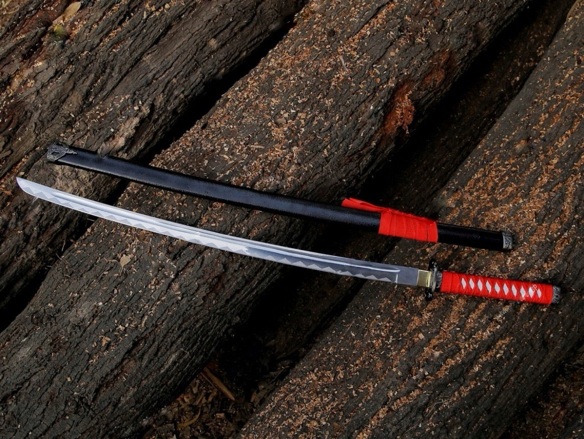Red & black Samurai Katana Sword with curved on blade