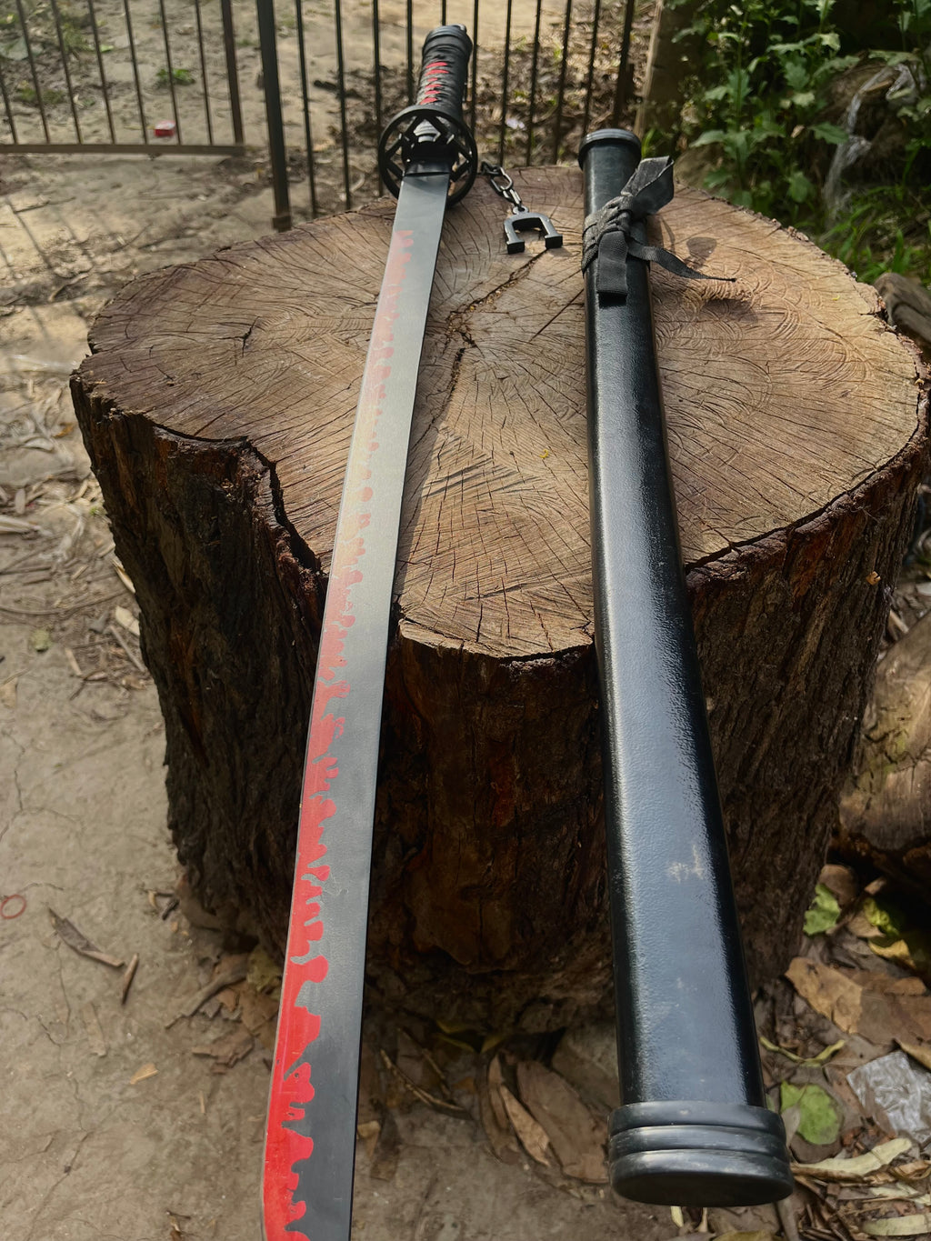 Premium Black Katana Sword with Red Flame Blade