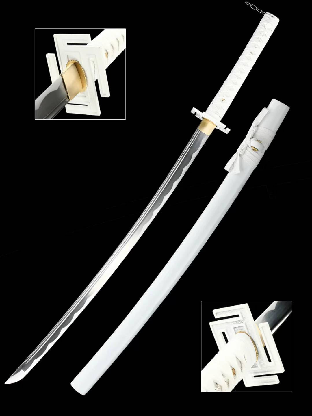 Premium white zengestu katana sword with curve on blade