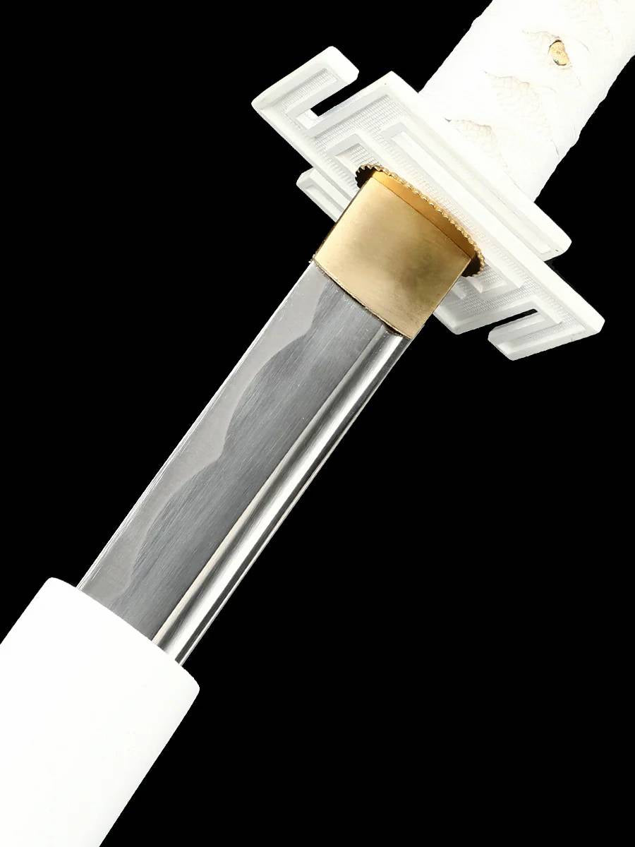 Premium white zengestu katana sword with curve on blade